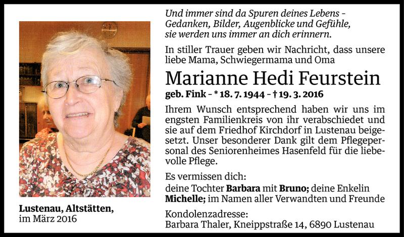  Todesanzeige für Marianne Hedi Feurstein vom 26.03.2016 aus Vorarlberger Nachrichten
