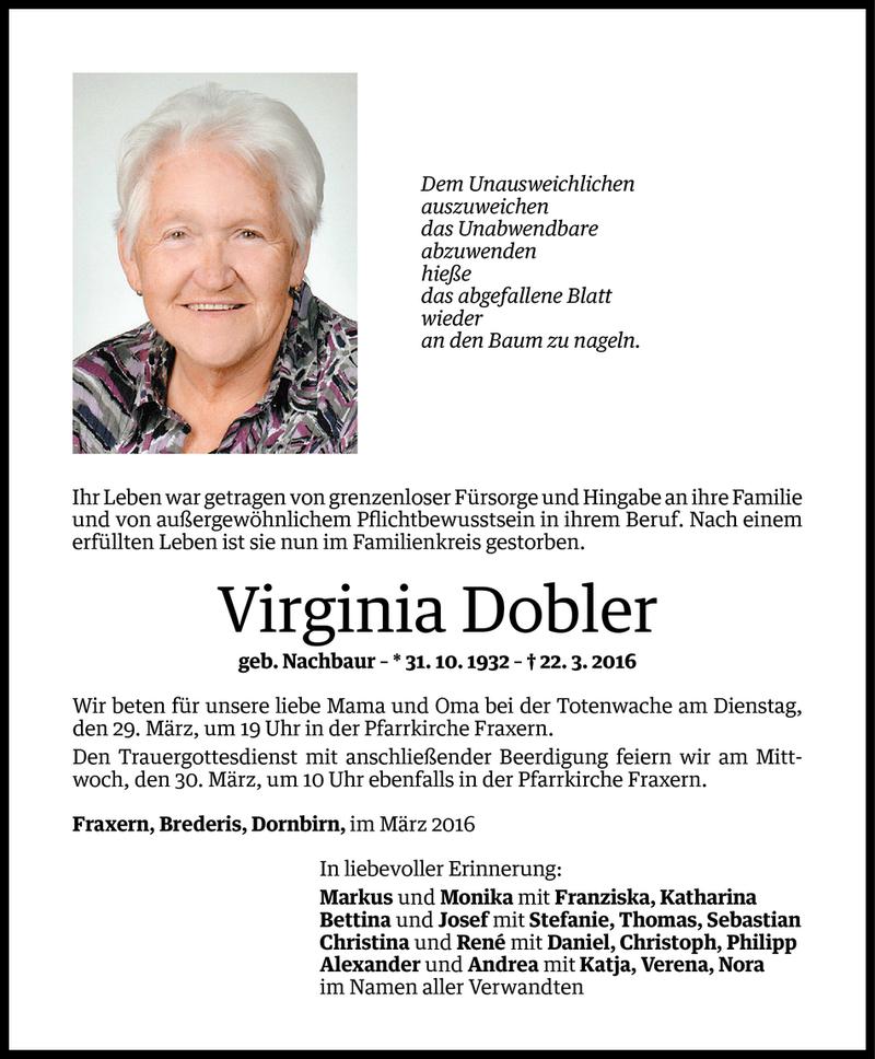  Todesanzeige für Virginia Dobler vom 26.03.2016 aus Vorarlberger Nachrichten