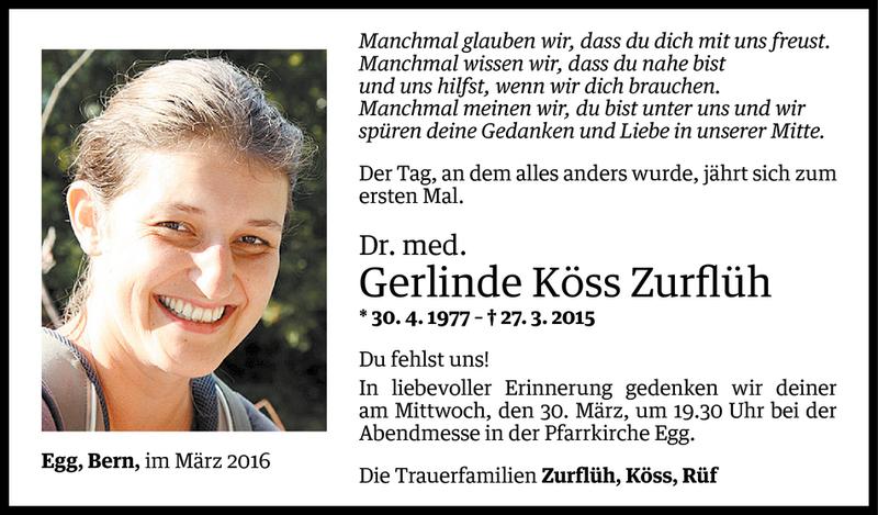  Todesanzeige für Gerlinde Köss Zurflüh vom 25.03.2016 aus Vorarlberger Nachrichten