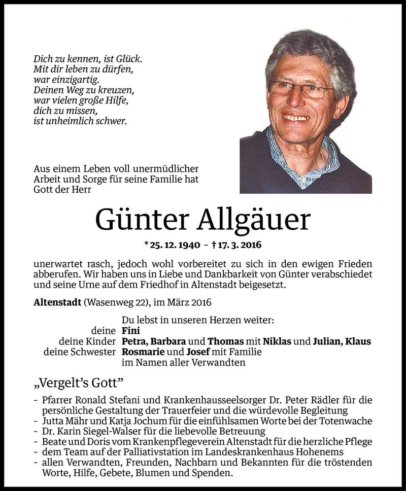  Todesanzeige für Günter Allgäuer vom 26.03.2016 aus Vorarlberger Nachrichten