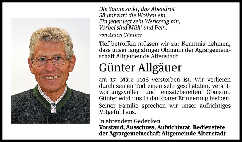  Todesanzeige für Günter Allgäuer vom 26.03.2016 aus Vorarlberger Nachrichten