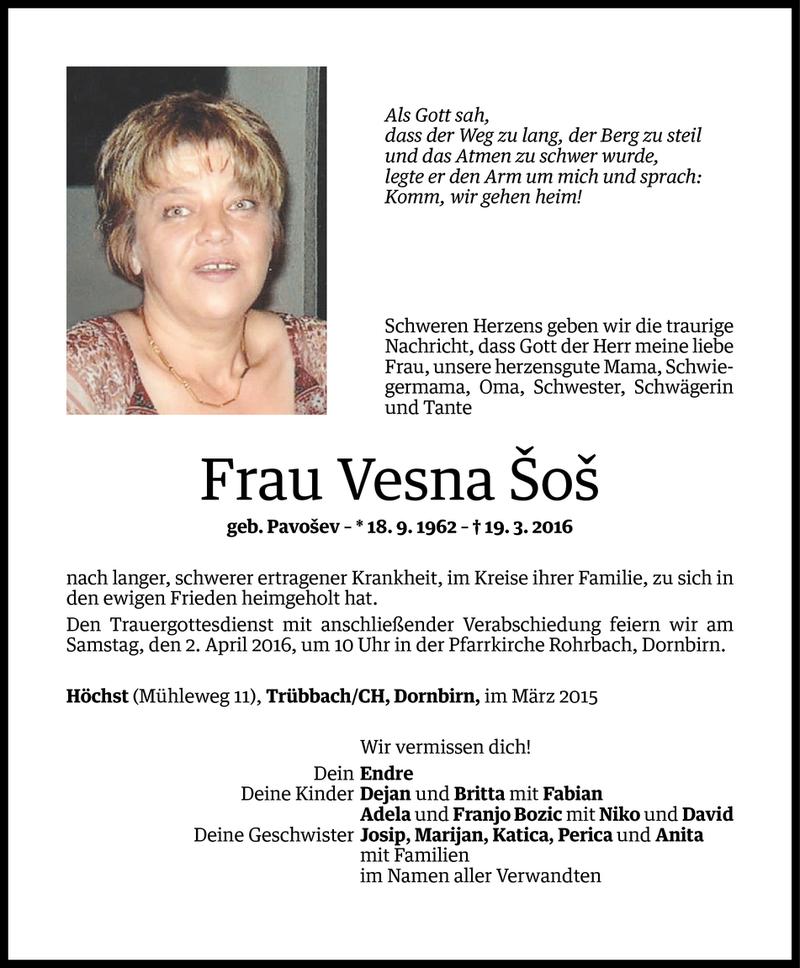  Todesanzeige für Vesna Šoš vom 25.03.2016 aus Vorarlberger Nachrichten