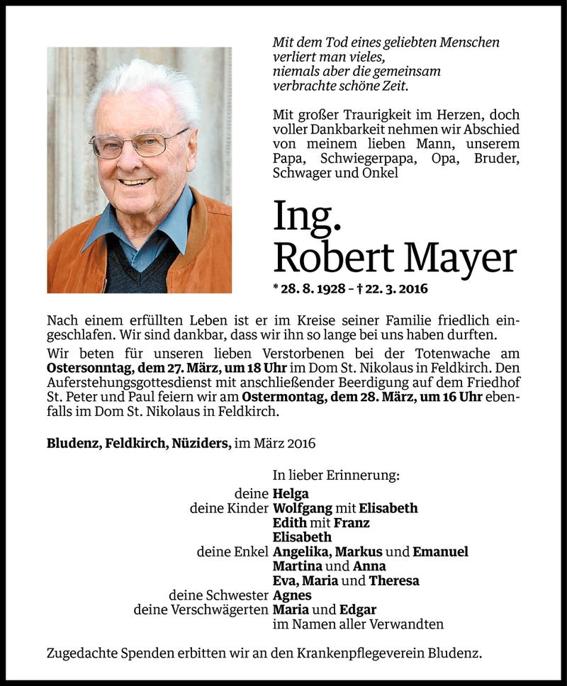  Todesanzeige für Robert Mayer vom 26.03.2016 aus Vorarlberger Nachrichten