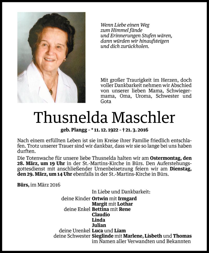  Todesanzeige für Thusnelda Maschler vom 26.03.2016 aus Vorarlberger Nachrichten