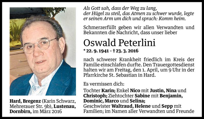  Todesanzeige für Oswald Peterlini vom 25.03.2016 aus Vorarlberger Nachrichten