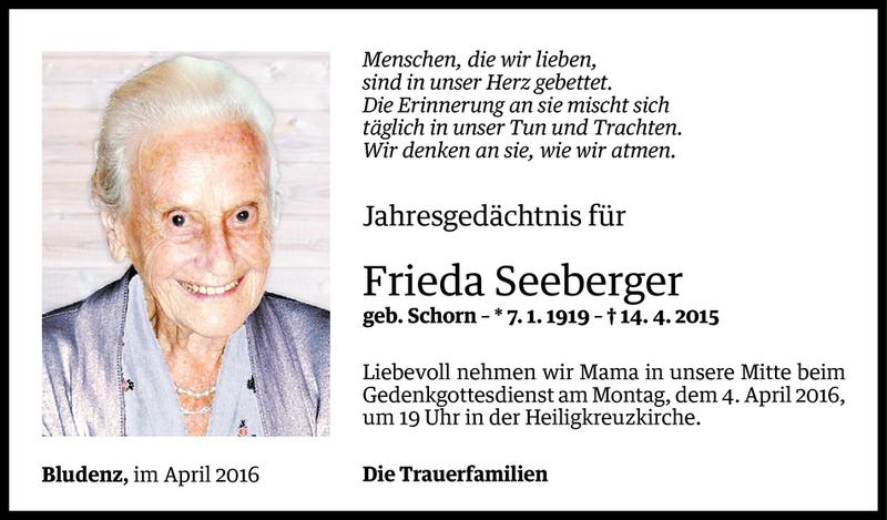  Todesanzeige für Frieda Seeberger vom 01.04.2016 aus Vorarlberger Nachrichten