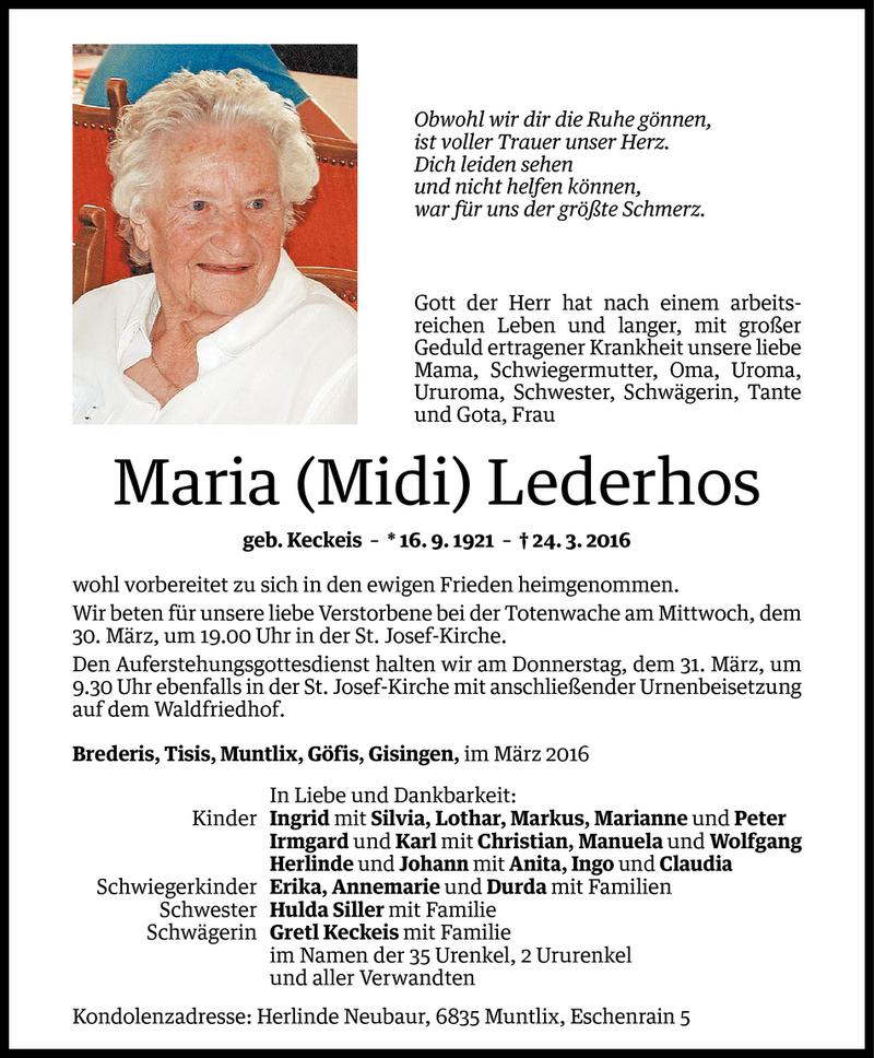  Todesanzeige für Maria Lederhos vom 26.03.2016 aus Vorarlberger Nachrichten