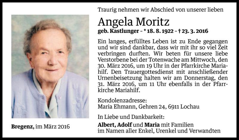  Todesanzeige für Angela Moritz vom 25.03.2016 aus Vorarlberger Nachrichten