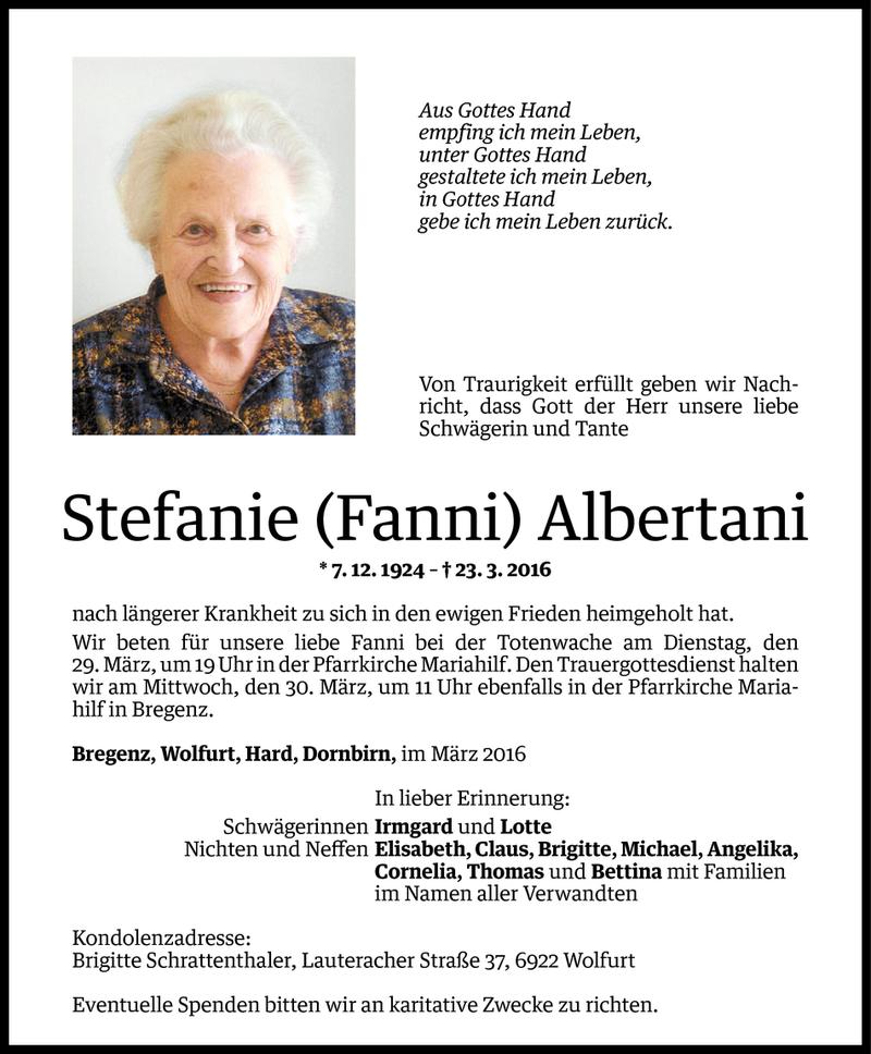  Todesanzeige für Stefanie Albertani vom 25.03.2016 aus Vorarlberger Nachrichten