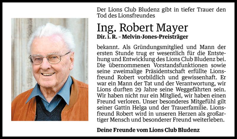  Todesanzeige für Robert Mayer vom 26.03.2016 aus Vorarlberger Nachrichten