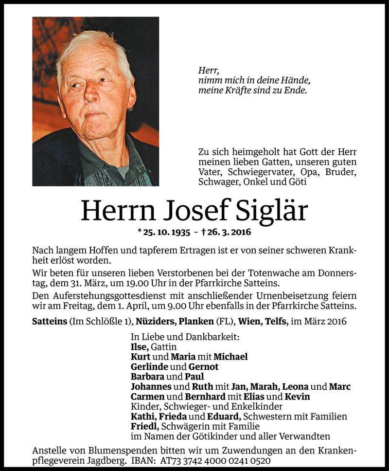  Todesanzeige für Josef Siglär vom 29.03.2016 aus Vorarlberger Nachrichten