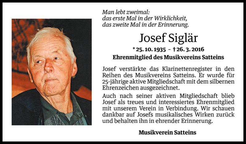  Todesanzeige für Josef Siglär vom 29.03.2016 aus Vorarlberger Nachrichten