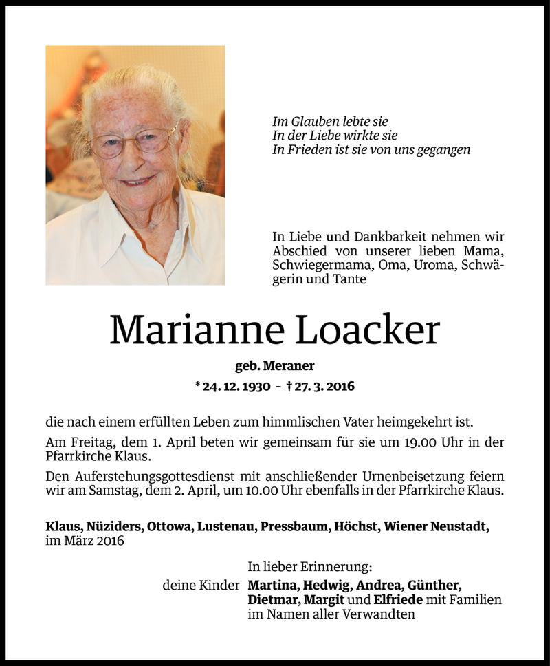  Todesanzeige für Marianne Loacker vom 30.03.2016 aus Vorarlberger Nachrichten