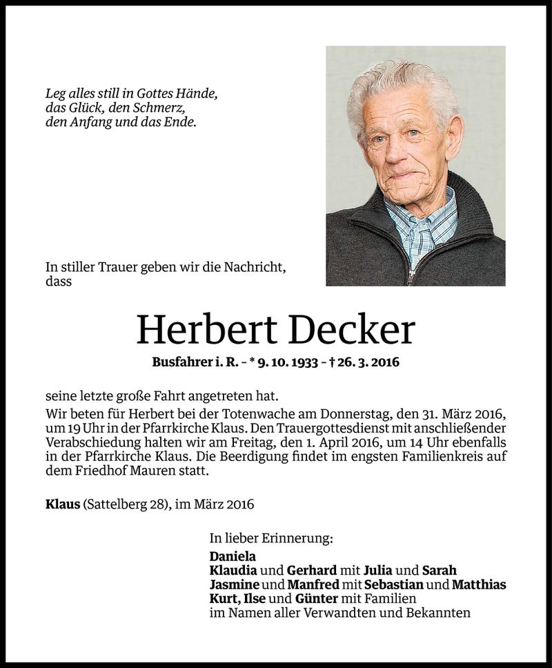  Todesanzeige für Herbert Decker vom 29.03.2016 aus Vorarlberger Nachrichten