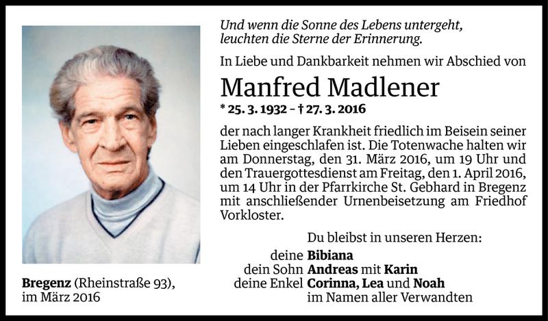  Todesanzeige für Manfred Madlener vom 30.03.2016 aus Vorarlberger Nachrichten