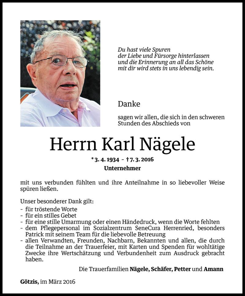  Todesanzeige für Karl Nägele vom 31.03.2016 aus Vorarlberger Nachrichten