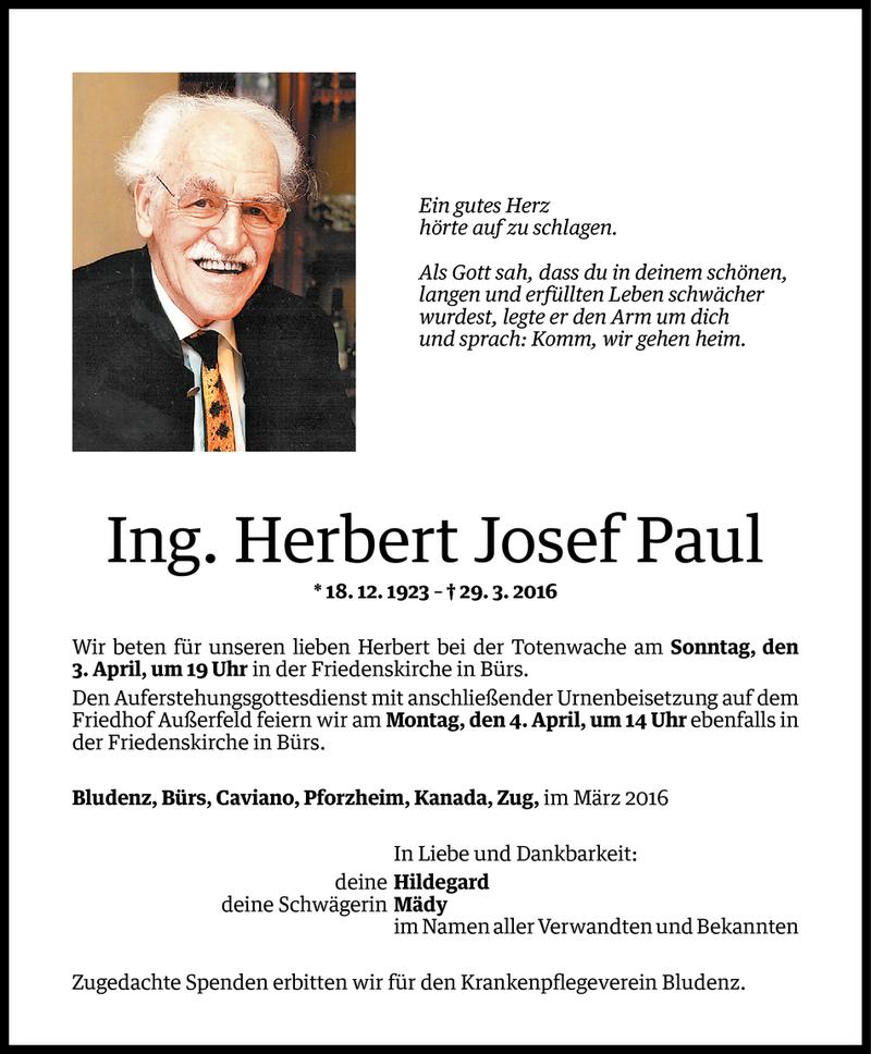  Todesanzeige für Herbert Josef Paul vom 02.04.2016 aus Vorarlberger Nachrichten