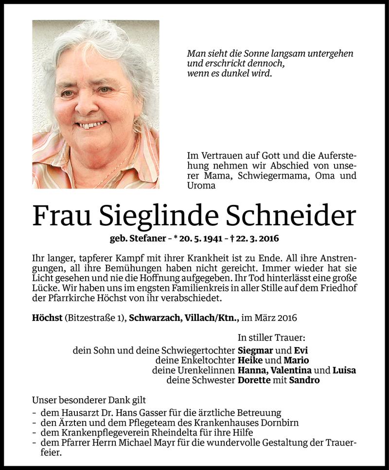  Todesanzeige für Sieglinde Schneider vom 31.03.2016 aus Vorarlberger Nachrichten