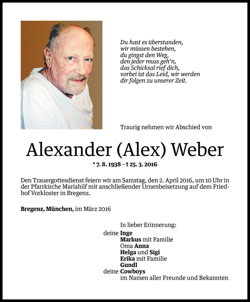  Todesanzeige für Alexander Weber vom 30.03.2016 aus Vorarlberger Nachrichten