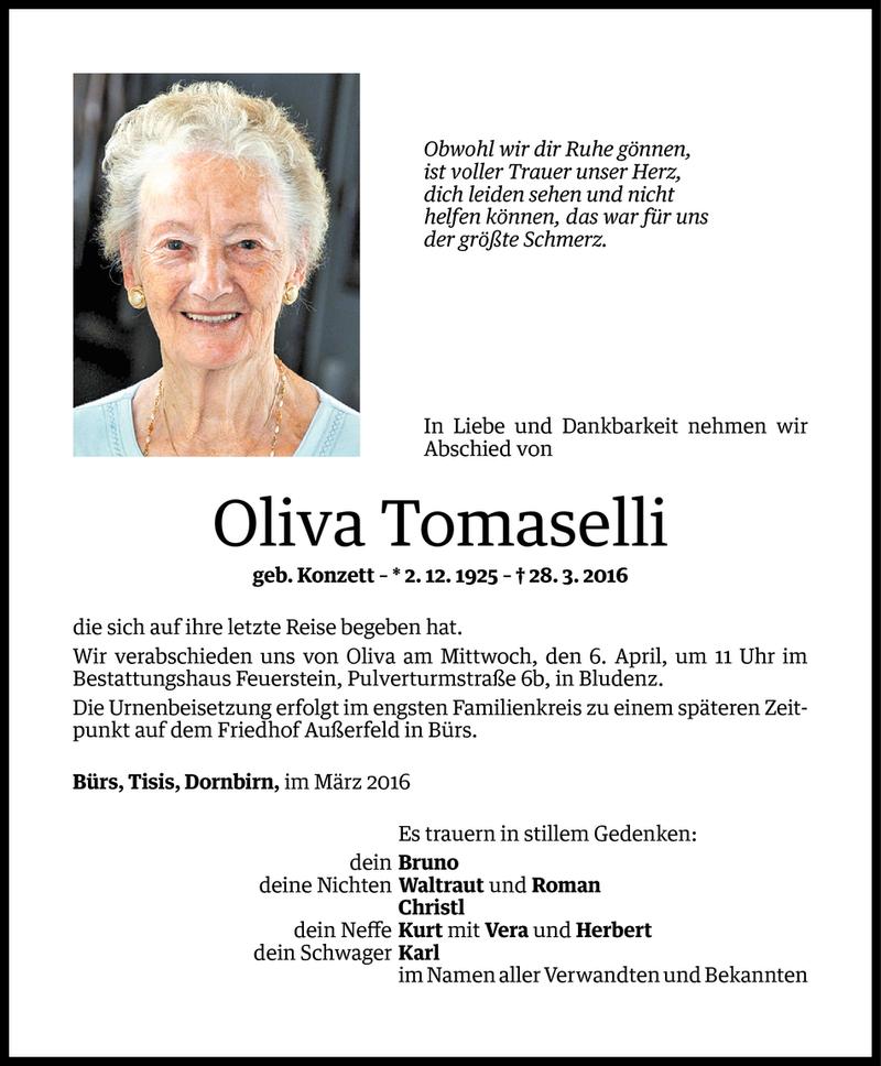  Todesanzeige für Oliva Tomaselli vom 01.04.2016 aus Vorarlberger Nachrichten