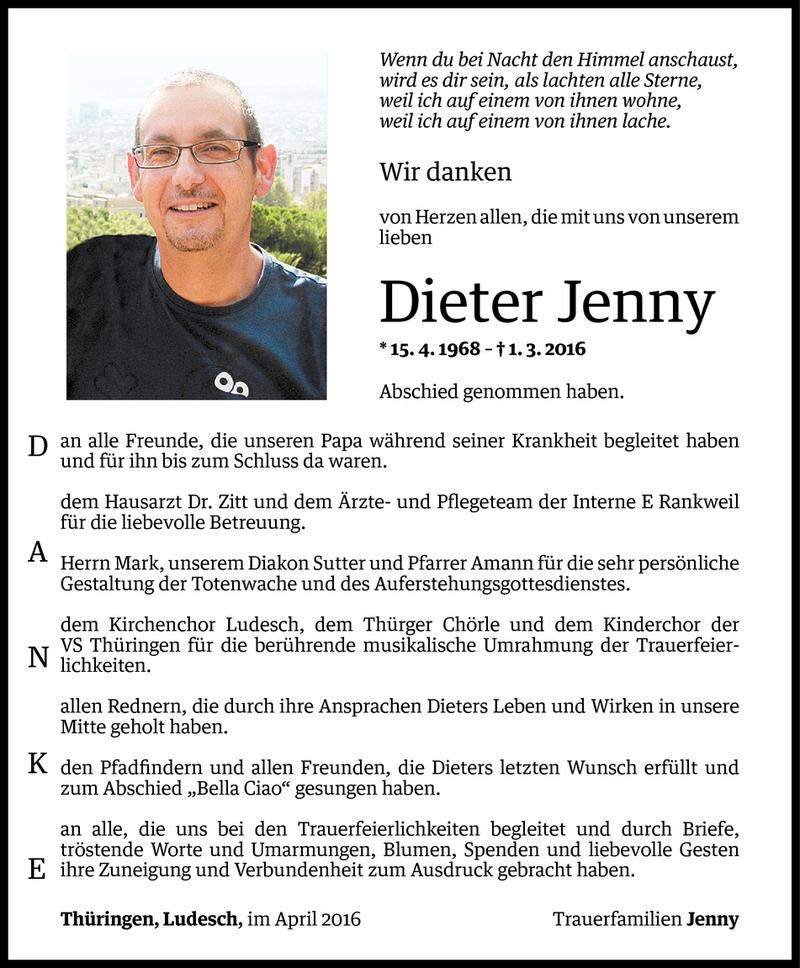  Todesanzeige für Dieter Jenny vom 31.03.2016 aus Vorarlberger Nachrichten