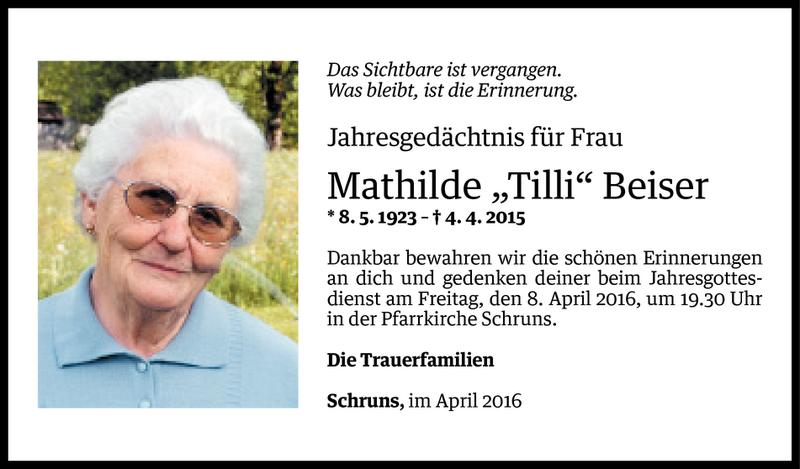  Todesanzeige für Mathilde Beiser vom 04.04.2016 aus Vorarlberger Nachrichten