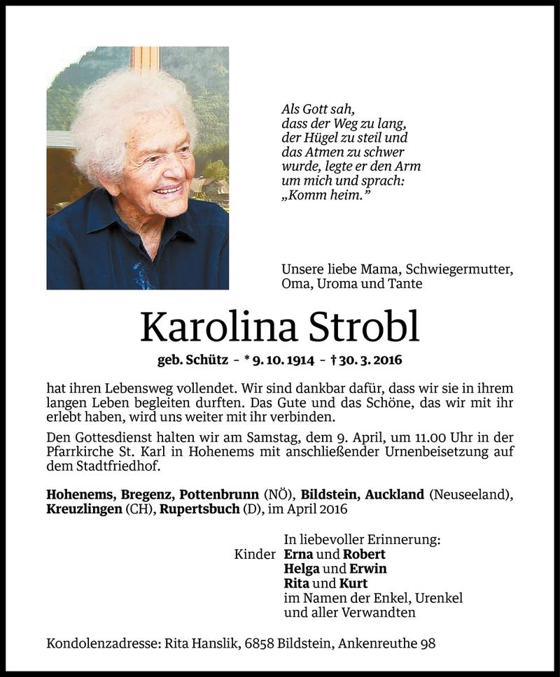  Todesanzeige für Karolina Strobl vom 01.04.2016 aus Vorarlberger Nachrichten