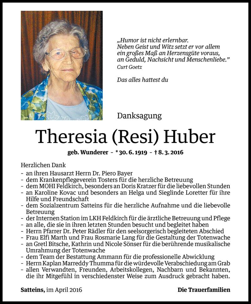  Todesanzeige für Theresia Huber vom 01.04.2016 aus Vorarlberger Nachrichten