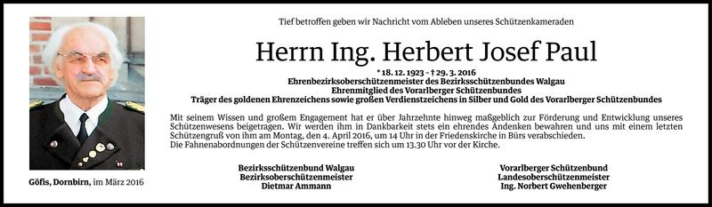  Todesanzeige für Herbert Josef Paul vom 02.04.2016 aus Vorarlberger Nachrichten