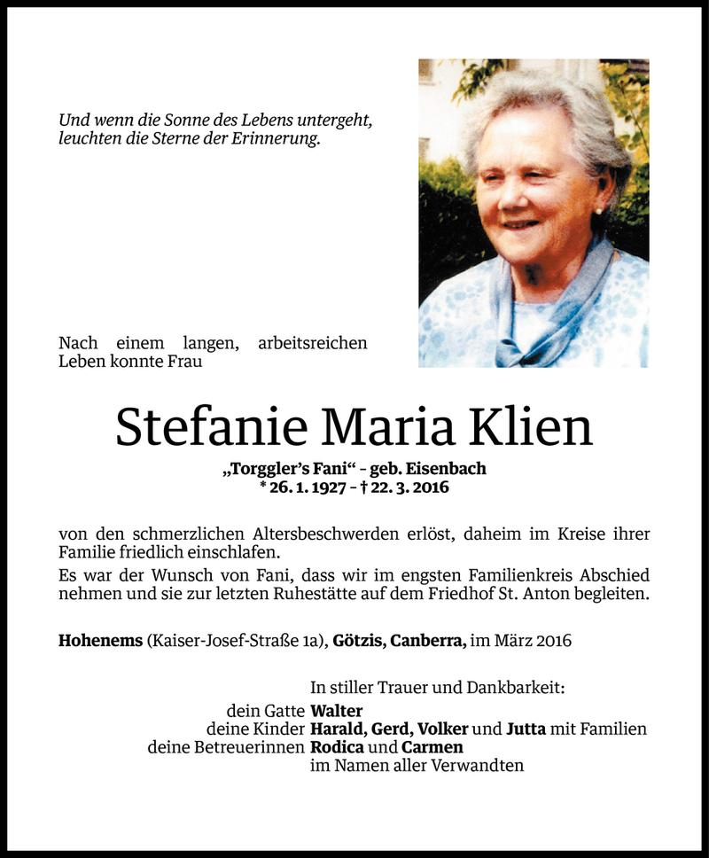  Todesanzeige für Stefanie Maria Klien vom 01.04.2016 aus Vorarlberger Nachrichten