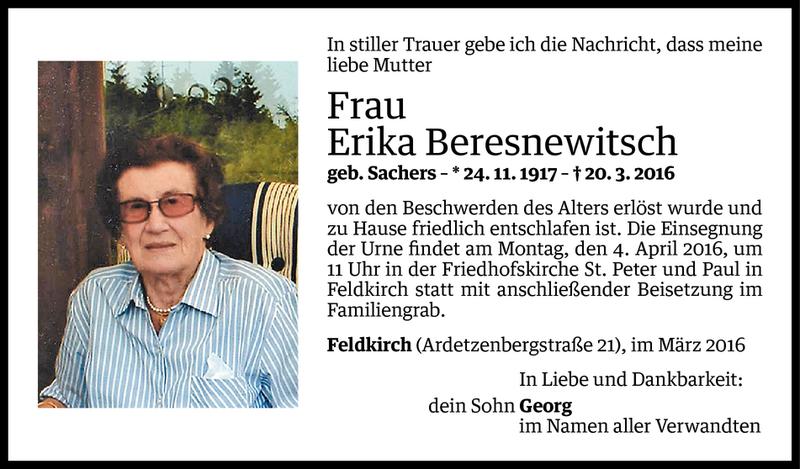  Todesanzeige für Erika Beresnewitsch vom 01.04.2016 aus Vorarlberger Nachrichten