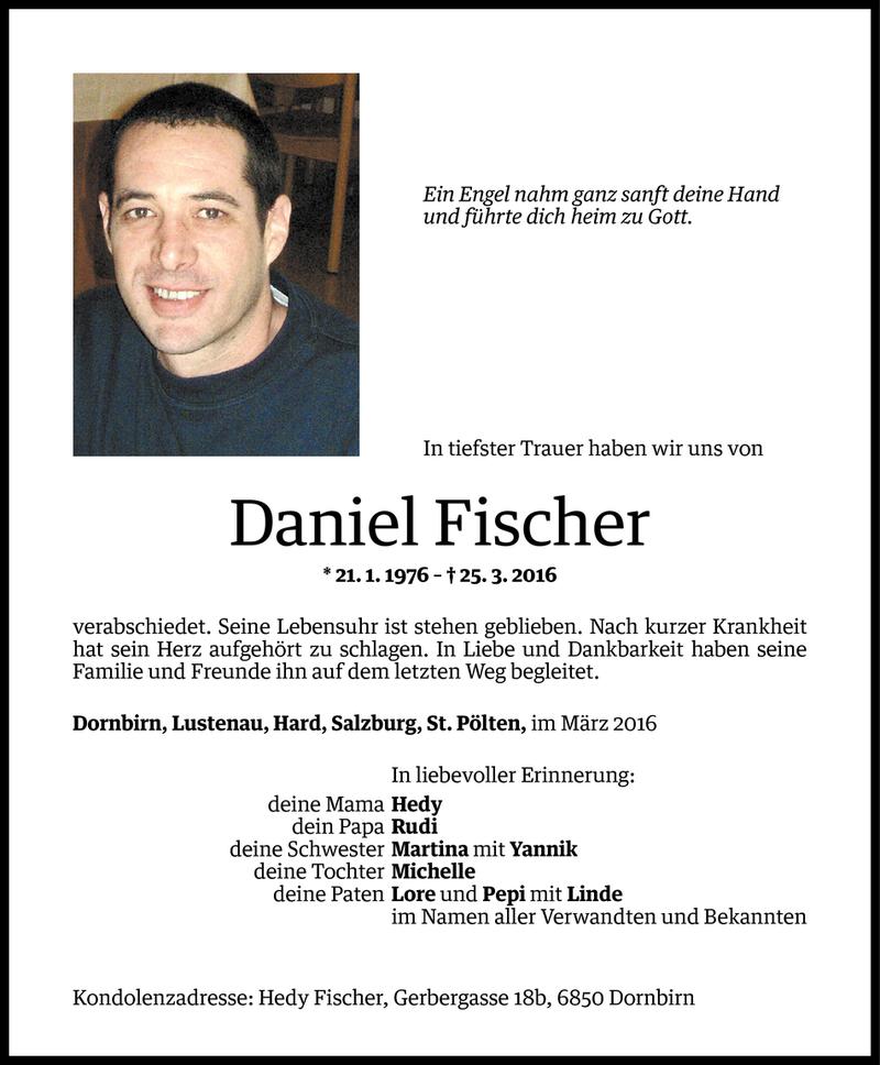  Todesanzeige für Daniel Fischer vom 05.04.2016 aus Vorarlberger Nachrichten