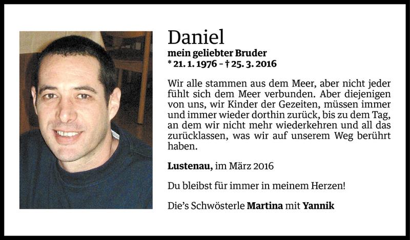  Todesanzeige für Daniel Fischer vom 05.04.2016 aus Vorarlberger Nachrichten