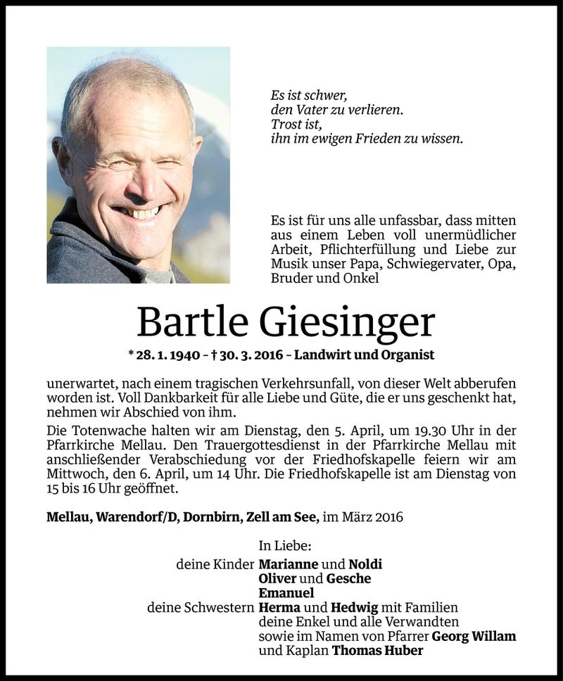  Todesanzeige für Bartle Giesinger vom 01.04.2016 aus Vorarlberger Nachrichten