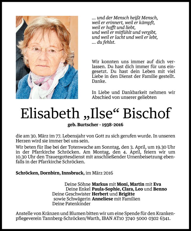  Todesanzeige für Elisabeth Ilse Bischof vom 01.04.2016 aus Vorarlberger Nachrichten