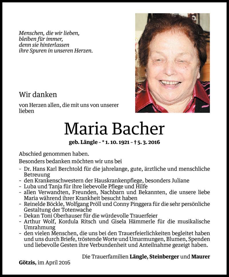  Todesanzeige für Maria Bacher vom 01.04.2016 aus Vorarlberger Nachrichten