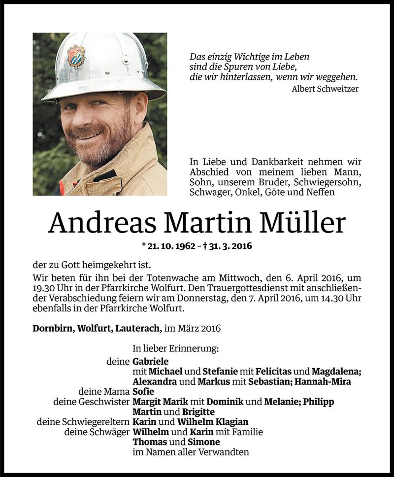  Todesanzeige für Andreas Martin Müller vom 01.04.2016 aus Vorarlberger Nachrichten