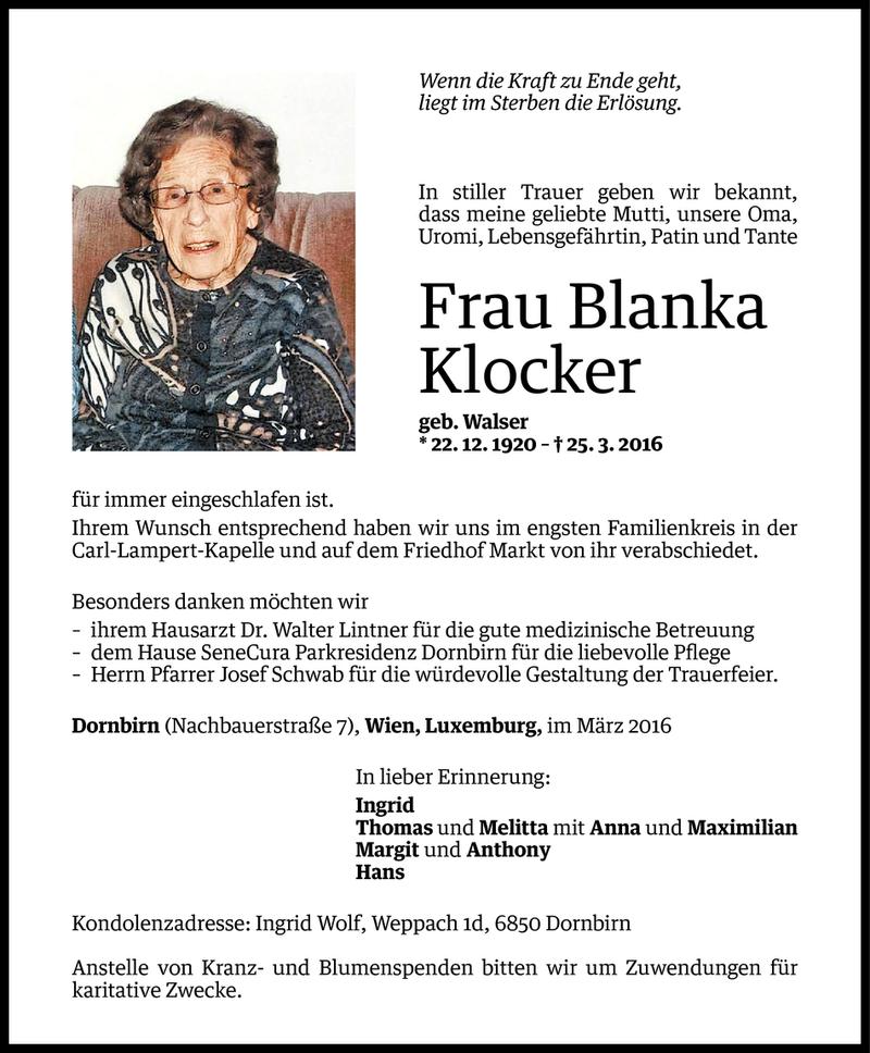  Todesanzeige für Blanka Klocker vom 03.04.2016 aus Vorarlberger Nachrichten