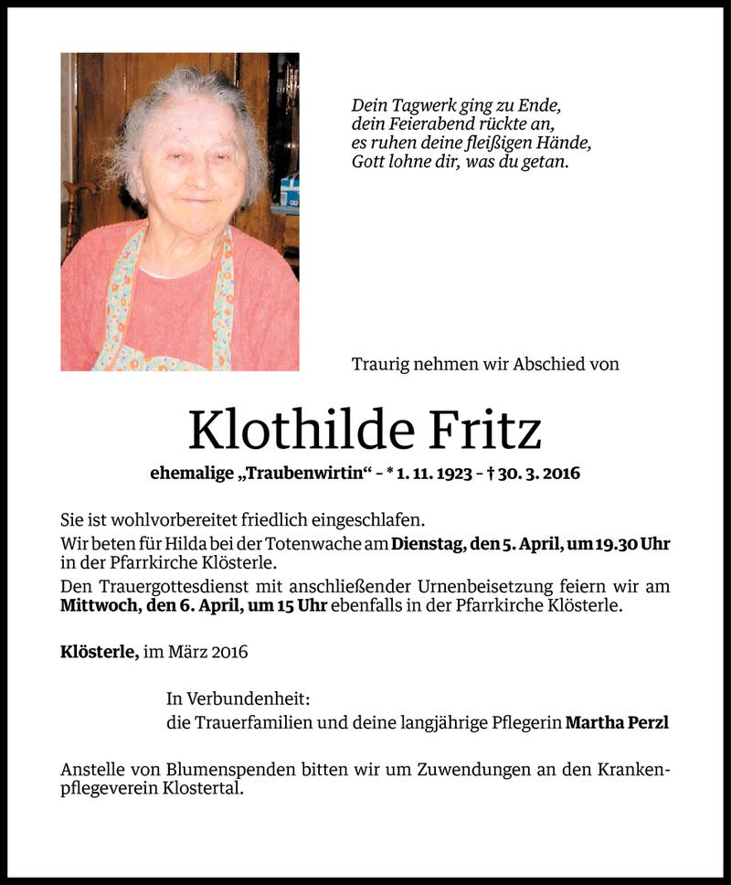  Todesanzeige für Klothilde Fritz vom 04.04.2016 aus Vorarlberger Nachrichten