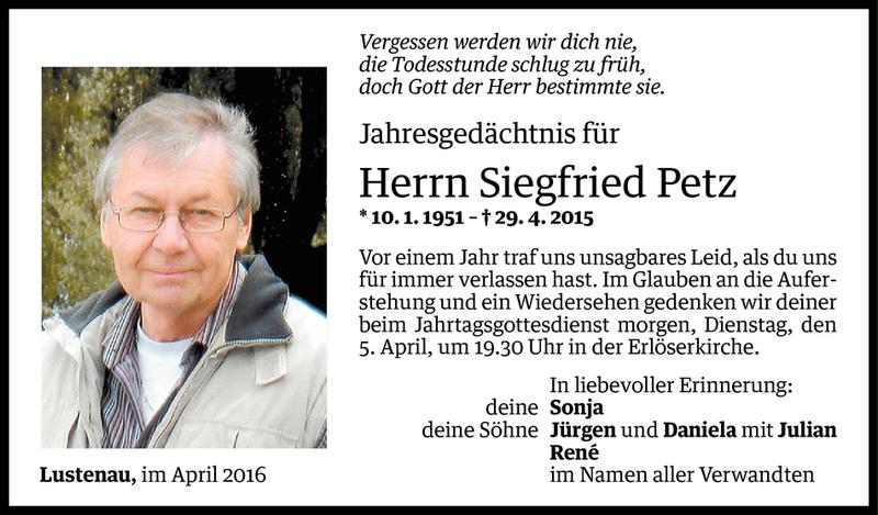  Todesanzeige für Siegfried Petz vom 03.04.2016 aus Vorarlberger Nachrichten