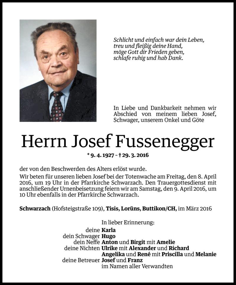  Todesanzeige für Josef Fussenegger vom 05.04.2016 aus Vorarlberger Nachrichten