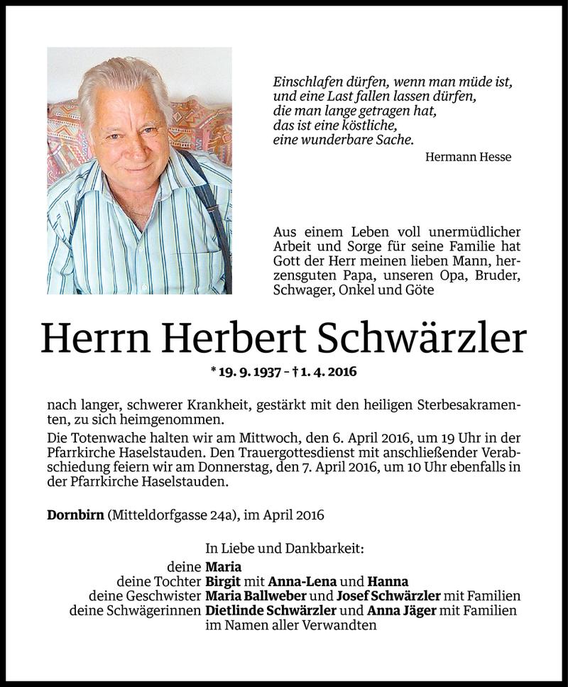  Todesanzeige für Herbert Schwärzler vom 04.04.2016 aus Vorarlberger Nachrichten