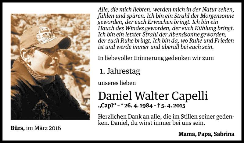  Todesanzeige für Daniel Walter Capelli vom 04.04.2016 aus Vorarlberger Nachrichten