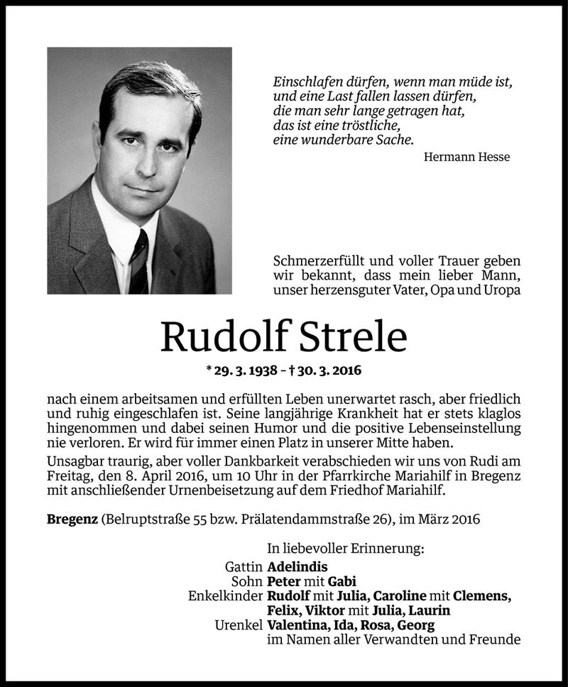  Todesanzeige für Rudolf Strele vom 04.04.2016 aus Vorarlberger Nachrichten