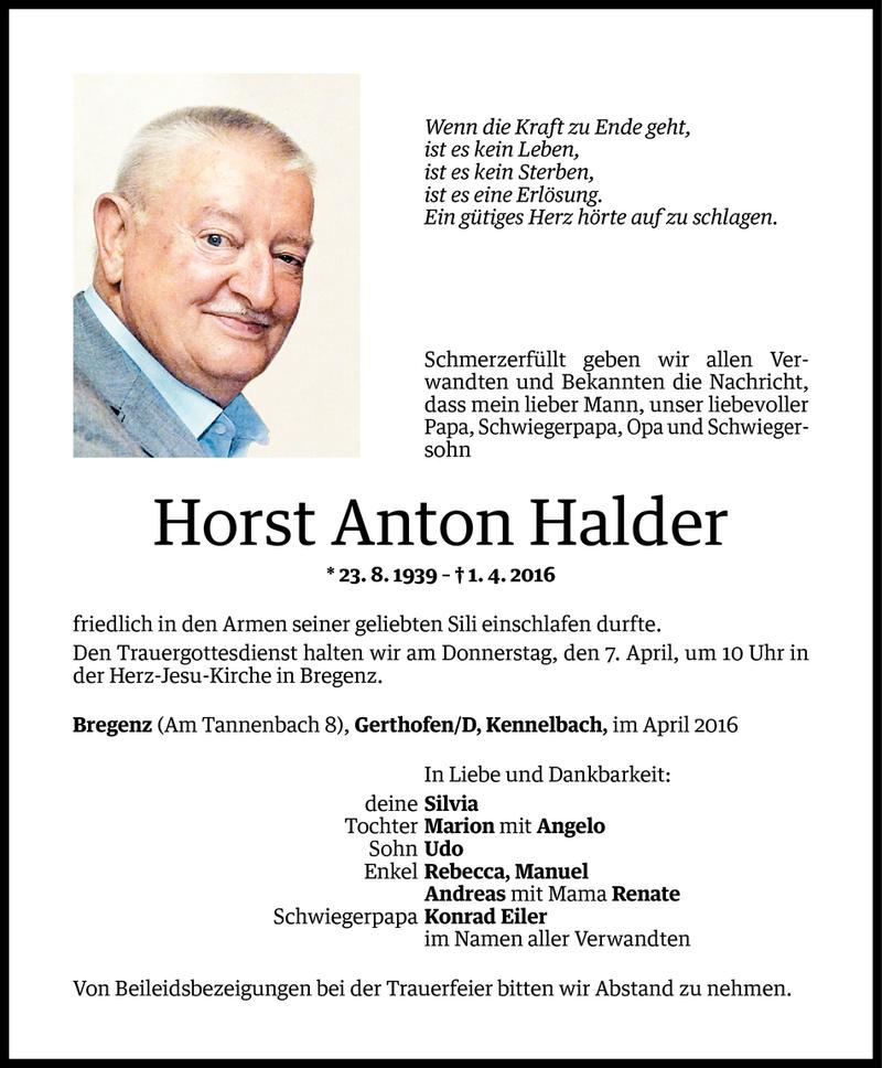  Todesanzeige für Horst Anton Halder vom 04.04.2016 aus Vorarlberger Nachrichten