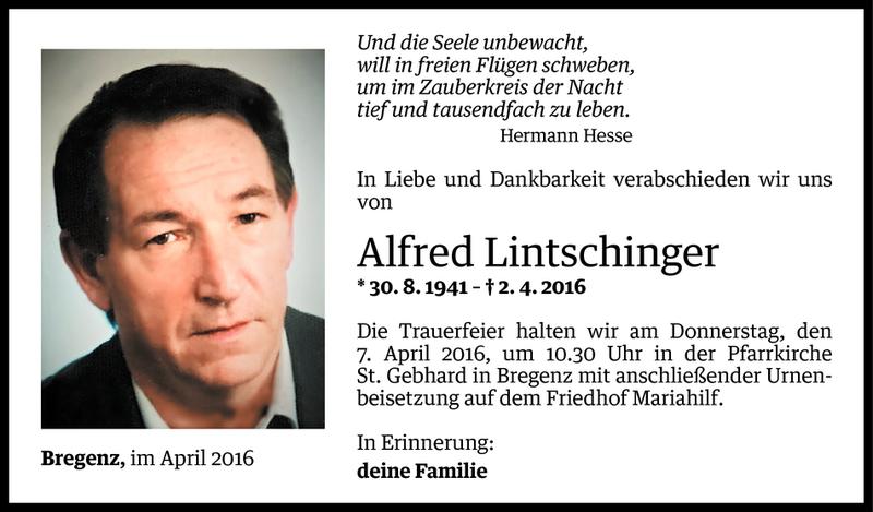  Todesanzeige für Alfred Lintschinger vom 04.04.2016 aus Vorarlberger Nachrichten