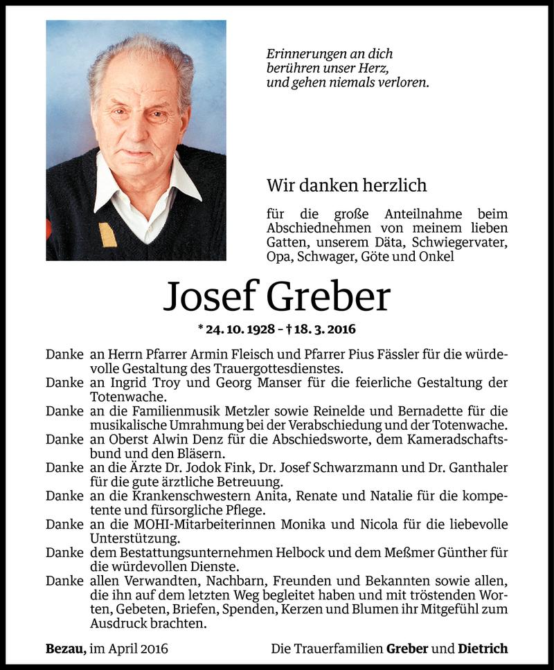 Todesanzeigen von Josef Greber | Todesanzeigen Vorarlberger Nachrichten