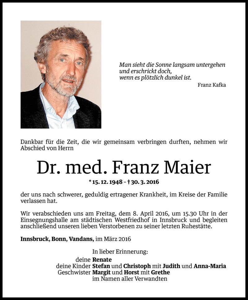  Todesanzeige für Franz Maier vom 05.04.2016 aus Vorarlberger Nachrichten