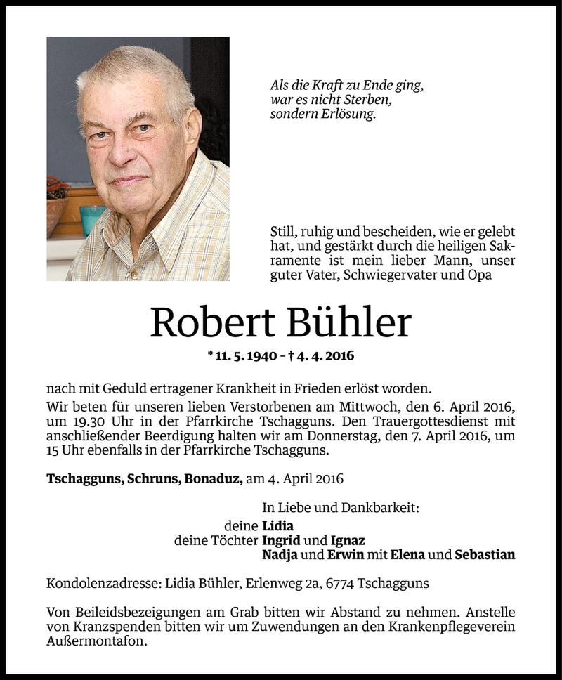  Todesanzeige für Robert Bühler vom 05.04.2016 aus Vorarlberger Nachrichten