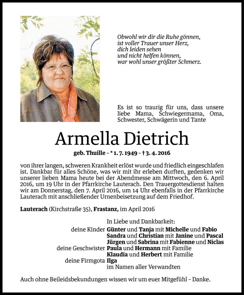  Todesanzeige für Armella Dietrich vom 05.04.2016 aus Vorarlberger Nachrichten